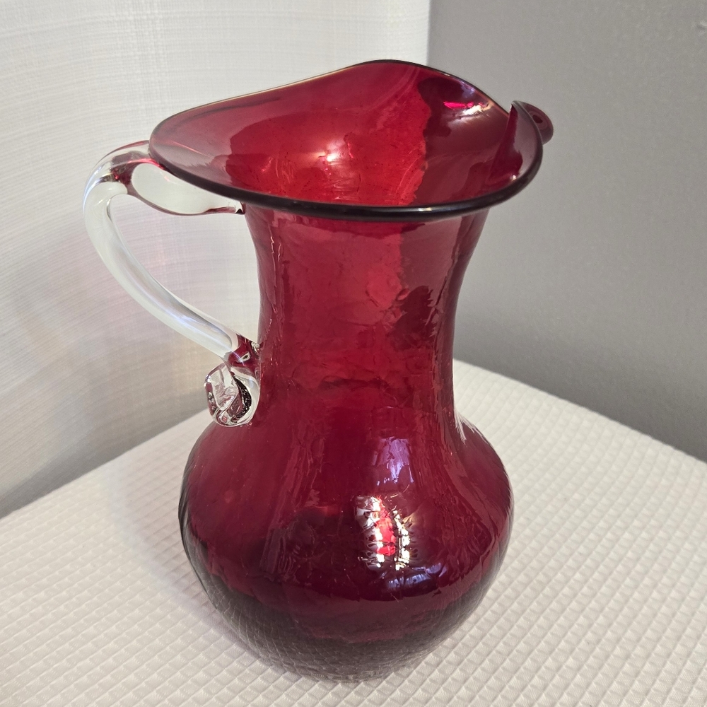 Art Glass Pitcher Vase Handblown Textured Applied Handle 7"